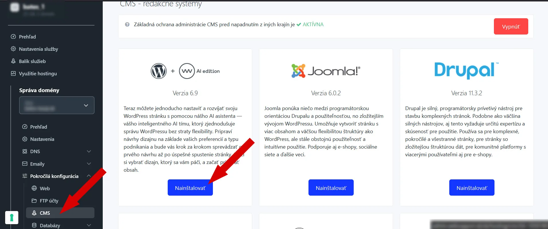 Inštalácia CMS Wordpress cez poskytovateľa Websupport